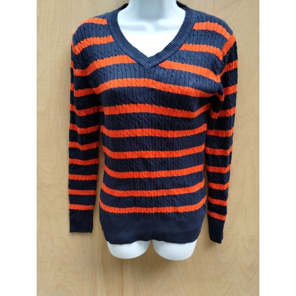 Nautica Womens Striped Sweater Navy & Orange V-Neck 100% Cotton Size M - Picture 1 of 9